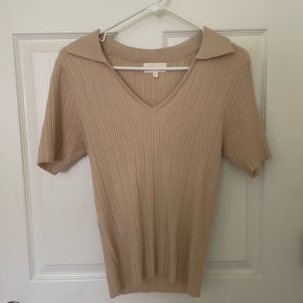 Bohme Tan Ribbed Polo Blouse